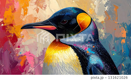 An abstract colorful bird with an abstract background of colorful bird of paradise plumage, like a king penguin in Antarctica wildlife 131621026