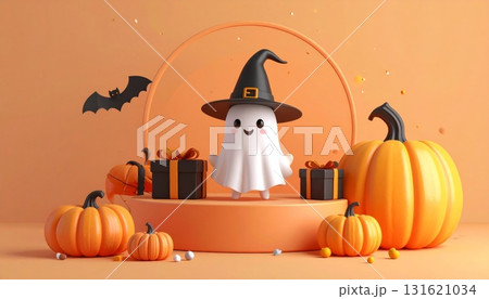 Spooky Halloween pumpkin illustration with a witch, bat, and cat on a dark autumn night 131621034