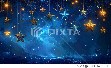 A blue starry night sky illustration with shiny Christmas stars, snowflakes, and holiday sparkle A blue starry night sky illustration with shiny Christmas stars, snowflakes, and holiday sparkle 131621064