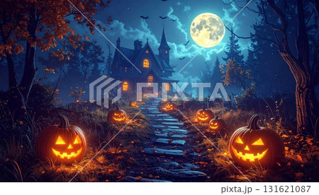 Haunted castle illustration with spooky bats, dark sky, and a scary pumpkin silhouette for a Halloween night background 131621087