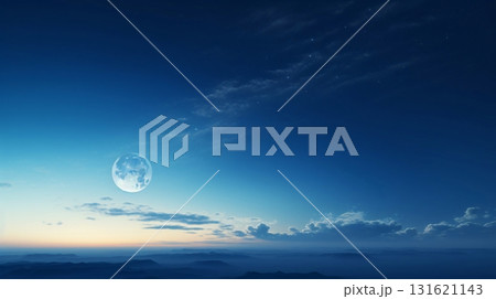 幻想的な満月の夜:地平線に広がる壮大な夜空の背景 幻想的な満月の夜:地平線に広がる壮大な夜空の背景 131621143