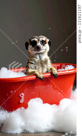 Cute jack russell terrier puppy on the beach, snow, and ice, wearing a red Christmas hat 131621197