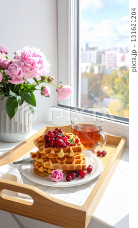 Delicious fresh fruit and pastry breakfast meal on the table or terrace Delicious fresh fruit and pastry breakfast meal on the table or terrace 131621204