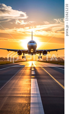 Sunset silhouette of an airplane landing or taking off against a vibrant sky at the airport, capturing the transportation and travel of aviation Sunset silhouette of an airplane landing or taking off against a vibrant sky at the airport, capturing the transportation and travel of aviation 131621210