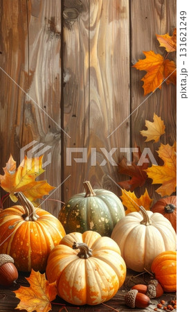 Orange pumpkins and autumn leaves decorate a rustic wooden fall harvest season display for Halloween or Thanksgiving 131621249