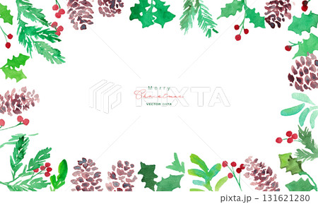 水彩画。水彩タッチのヒイラギクリスマスフレーム。クリスマスのベクターフレーム。松ぼっくりとヒイラギ。 水彩画。水彩タッチのヒイラギクリスマスフレーム。クリスマスのベクターフレーム。松ぼっくりとヒイラギ。 131621280