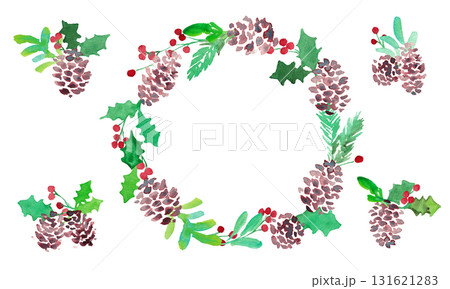 水彩画。水彩タッチのヒイラギクリスマスフレーム。クリスマスのベクターフレーム。松ぼっくりとヒイラギ。 水彩画。水彩タッチのヒイラギクリスマスフレーム。クリスマスのベクターフレーム。松ぼっくりとヒイラギ。 131621283