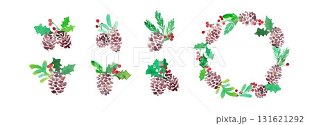 水彩画。水彩タッチのヒイラギクリスマスフレーム。クリスマスのベクターフレーム。松ぼっくりとヒイラギ。 131621292