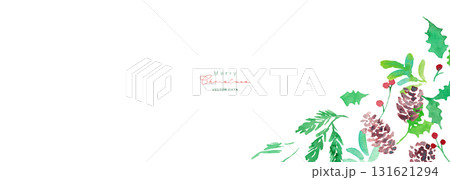 水彩画。水彩タッチのヒイラギクリスマスフレーム。クリスマスのベクターフレーム。松ぼっくりとヒイラギ。 131621294