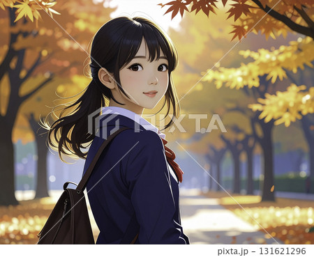 秋の並木道を歩く女子学生のアニメ風イラスト 131621296
