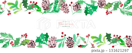 水彩画。水彩タッチのヒイラギクリスマスフレーム。クリスマスのベクターフレーム。松ぼっくりとヒイラギ。 131621297
