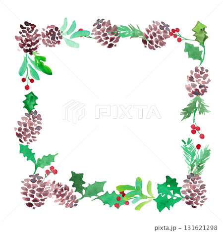 水彩画。水彩タッチのヒイラギクリスマスフレーム。クリスマスのベクターフレーム。松ぼっくりとヒイラギ。 水彩画。水彩タッチのヒイラギクリスマスフレーム。クリスマスのベクターフレーム。松ぼっくりとヒイラギ。 131621298