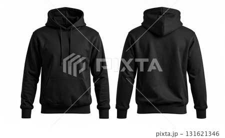 Two blank black hoodie templates. Long sleeve hooded sweatshirt with clipping path. Mockup hoodie for print design. Isolated on white background. Two blank black hoodie templates. Long sleeve hooded sweatshirt with clipping path. Mockup hoodie for print design. Isolated on white background. 131621346