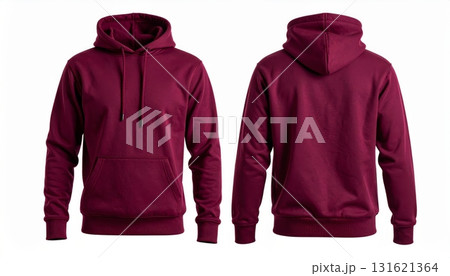 Two Blank Maroon hoodie template. Hoodie sweatshirt long sleeve with clipping path, hoodie for design mockup for print, isolated on white background. 131621364