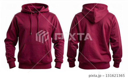 Two Blank Maroon hoodie template. Hoodie sweatshirt long sleeve with clipping path, hoodie for design mockup for print, isolated on white background. 131621365