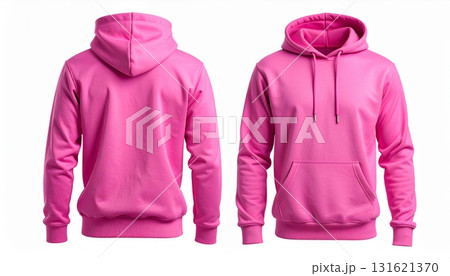 Two Blank Pink hoodie template. Hoodie sweatshirt long sleeve with clipping path, hoodie for design mockup for print, isolated on white background. 131621370