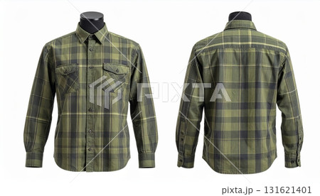 Two plaid shirts on mannequins display front and back on a white background. Two plaid shirts on mannequins display front and back on a white background. 131621401