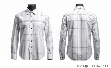 Two plaid shirts on mannequins display front and back on a white background. 131621411