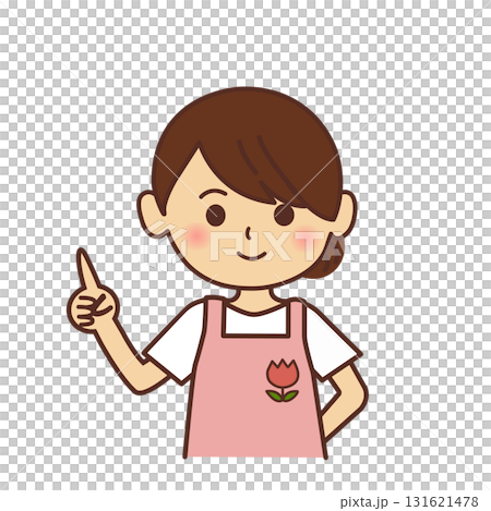 圖解：一位穿著圍裙的幼兒園老師。指點，幼稚園老師，女人，絨毛玩具，圍裙，老師，幼稚園， 131621478