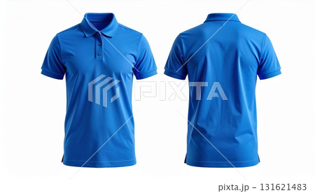 Two polo shirts showing the front and back view separated on a white background. 131621483