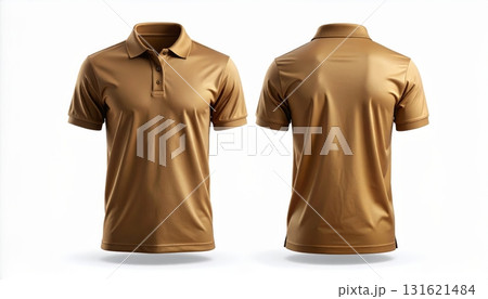 Two polo shirts showing the front and back view separated on a white background. 131621484