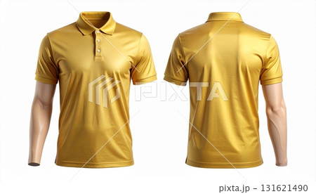 Two polo shirts showing the front and back view separated on a white background. Two polo shirts showing the front and back view separated on a white background. 131621490