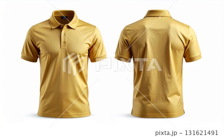 Two polo shirts showing the front and back view separated on a white background. 131621491