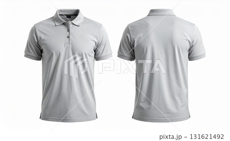 Two polo shirts showing the front and back view separated on a white background. 131621492
