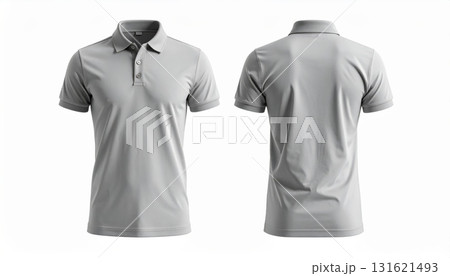 Two polo shirts showing the front and back view separated on a white background. Two polo shirts showing the front and back view separated on a white background. 131621493