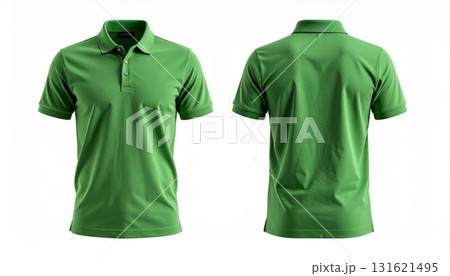 Two polo shirts showing the front and back view separated on a white background. Two polo shirts showing the front and back view separated on a white background. 131621495