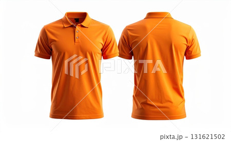 Two polo shirts showing the front and back view separated on a white background. Two polo shirts showing the front and back view separated on a white background. 131621502