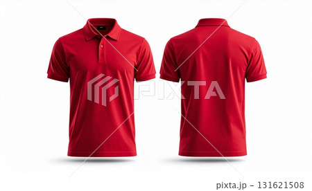 Two polo shirts showing the front and back view separated on a white background. Two polo shirts showing the front and back view separated on a white background. 131621508