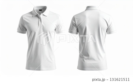 Two polo shirts showing the front and back view separated on a white background. 131621511
