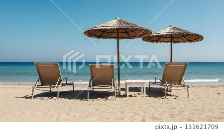A beach chair and a large umbrella on the sandy beach, ideal for enjoying a sunny vacation day 131621709