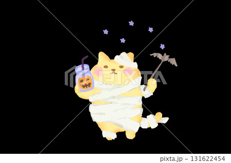 ハロウィン・ミイラ仮装して乾杯するかわいい猫の水彩イラスト素材 ハロウィン・ミイラ仮装して乾杯するかわいい猫の水彩イラスト素材 131622454