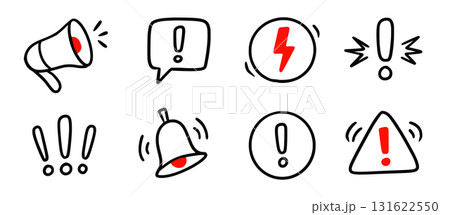 Doodle red exclamation mark, warning sign set. Hand drawn caution signs and warning marks highlight toxic risk, exclamation mark or alert notifications. Doodle stop notification. Vector 131622550
