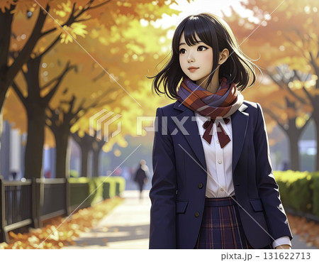 秋の並木道を歩く女子学生のアニメ風イラスト 131622713