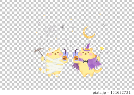 Watercolor illustration of a cute cat dressed up in Halloween costume toasting 131622721