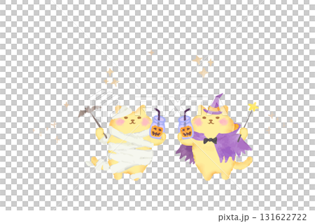 穿著萬聖節服裝敬酒的可愛貓咪的水彩畫 131622722