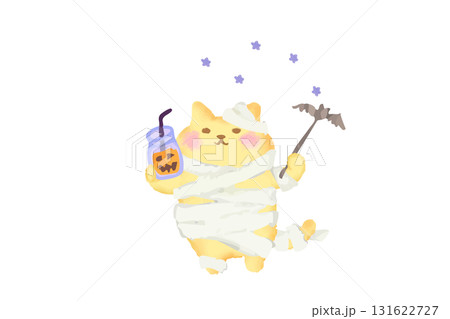 ハロウィン・ミイラ仮装して乾杯するかわいい猫の水彩イラスト素材 131622727