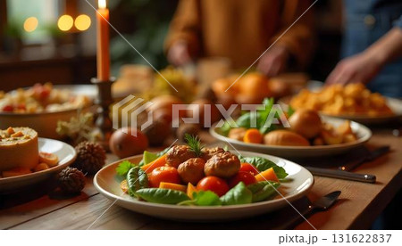 cozy table set for a vegan Thanksgiving dinner, featuring plates of vegetables and candles, evoking gratitude and family time cozy table set for a vegan Thanksgiving dinner, featuring plates of vegetables and candles, evoking gratitude and family time 131622837