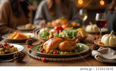 A cozy group of people gathered around a table, enjoying a Thanksgiving meal with turkey and pumpkin pie in a warm home setting A cozy group of people gathered around a table, enjoying a Thanksgiving meal with turkey and pumpkin pie in a warm home setting 131622838