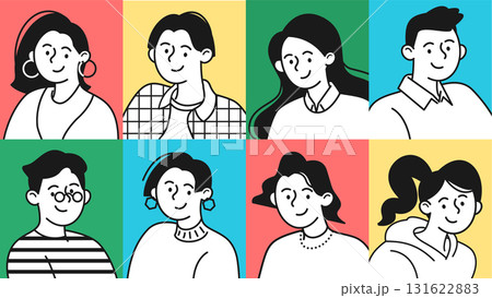 新しい世代の感性を描いた笑顔の若者たちの線画イラスト　Z世代に刺さるミニマルデザイン 131622883