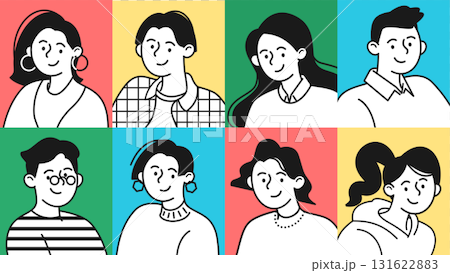 新しい世代の感性を描いた笑顔の若者たちの線画イラスト　Z世代に刺さるミニマルデザイン 131622883