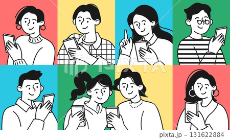 スマホを使うZ世代の若者たちの線画イラスト スマホを使うZ世代の若者たちの線画イラスト 131622884