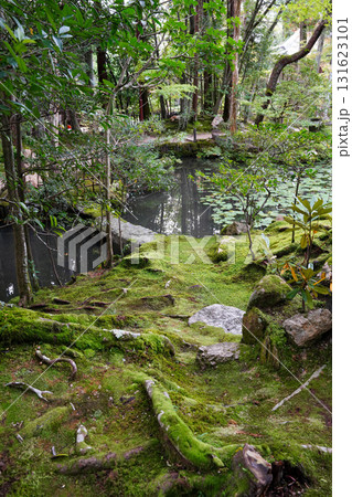 池のある京都の寺院の庭園風景 131623101