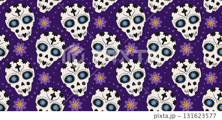 Decorated Sugar Skulls and Flowers Seamless Pattern on Purple Day of the Dead Backdrop Banner Format Decorated Sugar Skulls and Flowers Seamless Pattern on Purple Day of the Dead Backdrop Banner Format 131623577