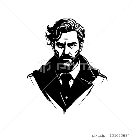 Captivating monochrome portrait of a stylish man with a beard in vector art 131623684