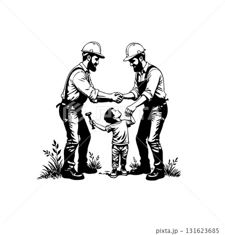 Illustration of two construction workers shaking hands with a child in the middle Illustration of two construction workers shaking hands with a child in the middle 131623685