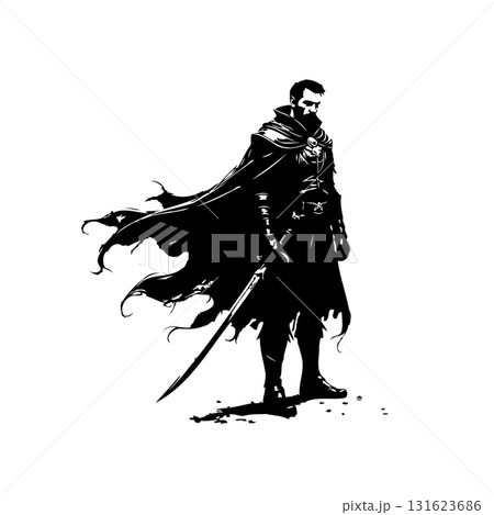 Monochrome Silhouette of a Mysterious Warrior with a Sword in Bold Black and White Monochrome Silhouette of a Mysterious Warrior with a Sword in Bold Black and White 131623686